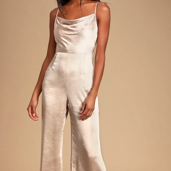 Lush Champagne Satin Cowl Neck Culotte Jumpsuit - Picture 1 of 7